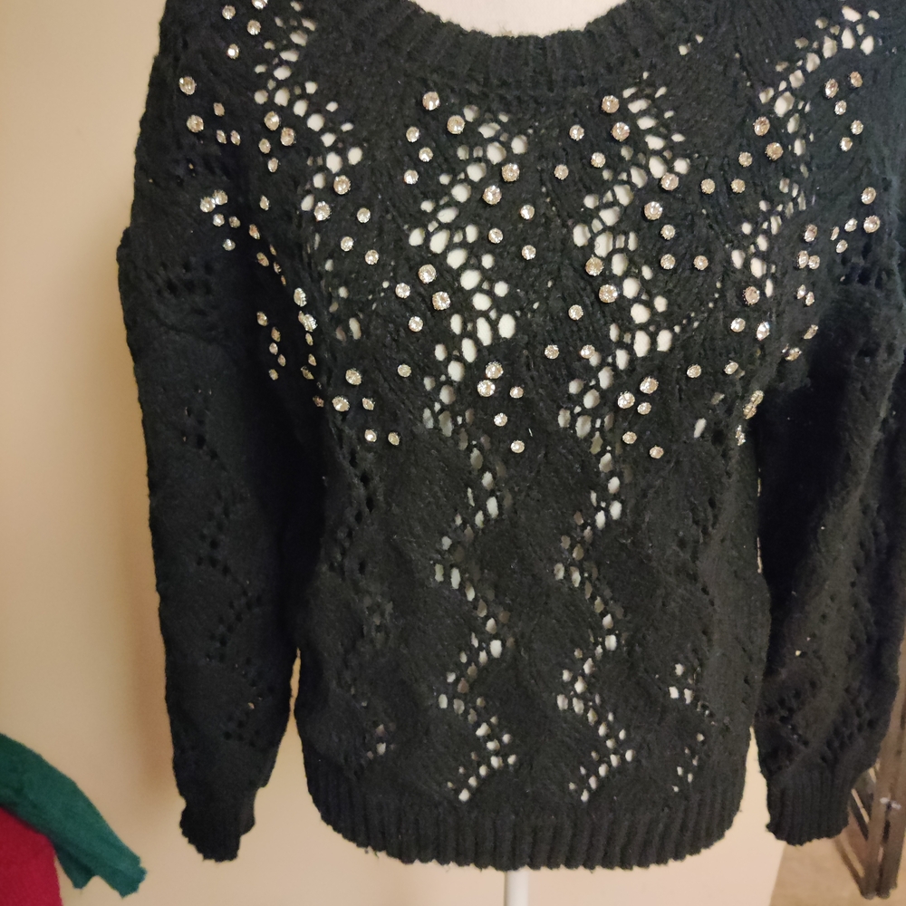 FCT With Love Black Knit Sweater with Rhinestone Accents, Size Medium